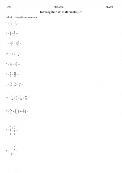 Fiche d'exercices corrigés sur les fractions pour la classe de mathématiques de quatrième
