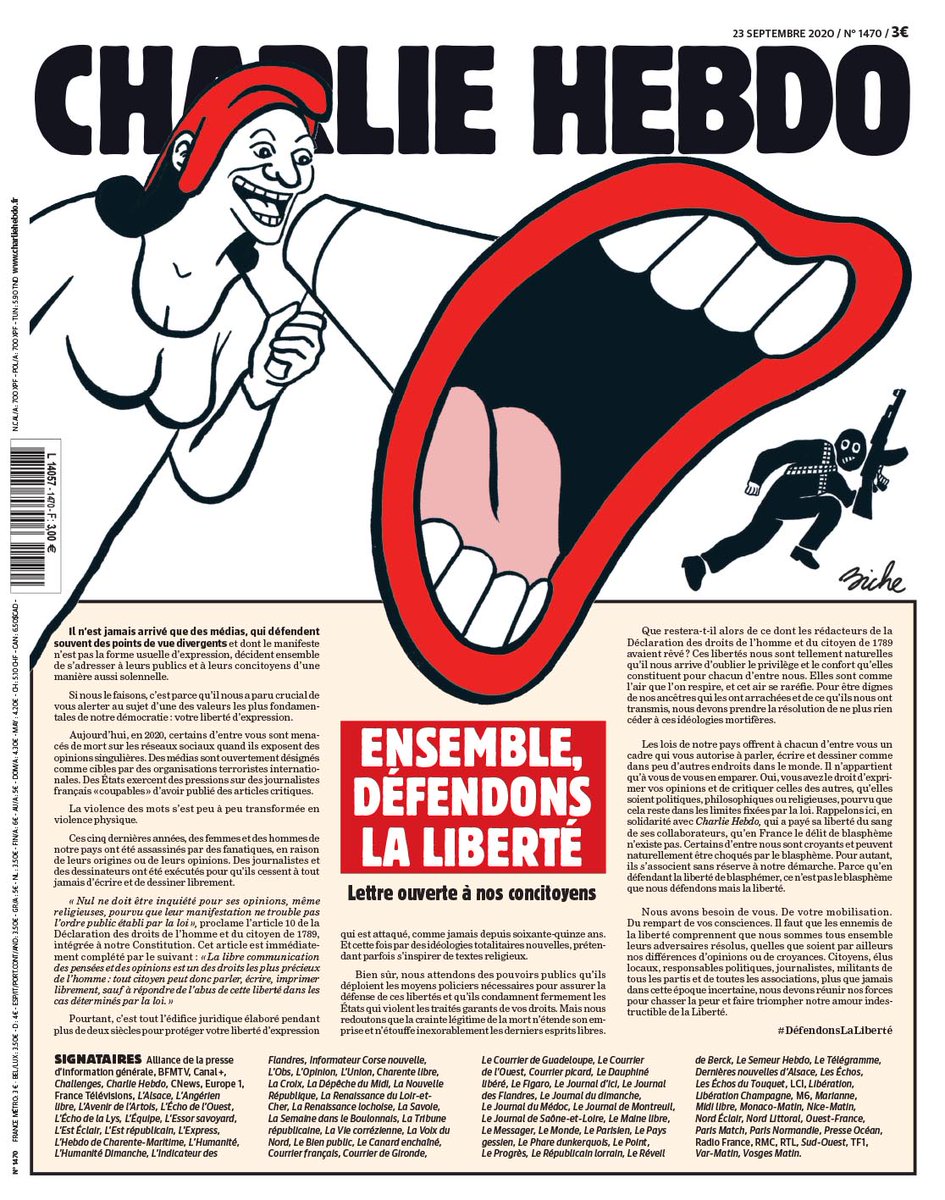 Charlie Hebdo n°1470 -- 23 septembre 2020 --- BICHE --- Ensemble défendons la liberté