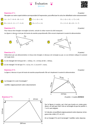 Relatifs, théorème de Pythagore, contraposée et réciproque