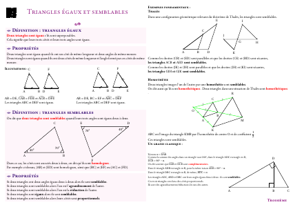 Fiche de synthèse : Triangles égaux et semblables --- Troisième