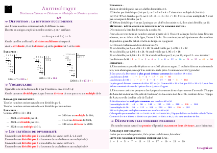 Fiche de synthèse : Arithmétique --- Cinquième