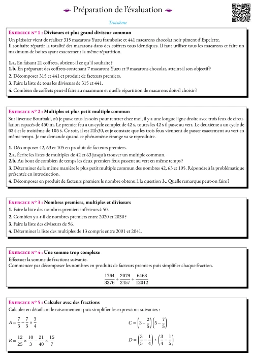 Formation --- Fiche de préparation à l'évaluation --- Arithmétique