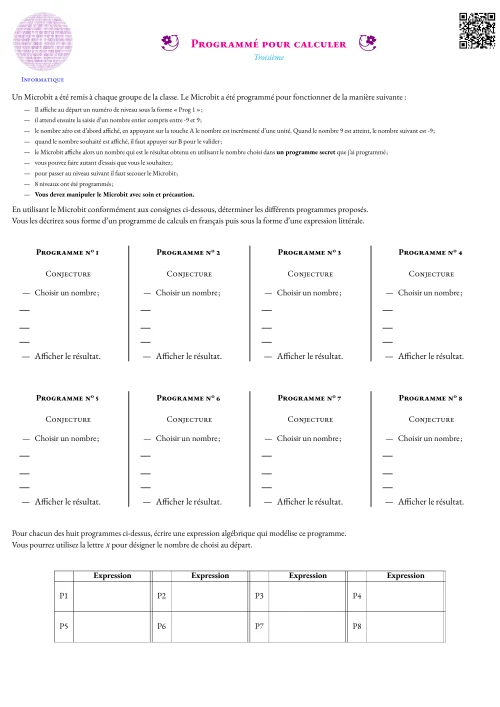 Activité --- Informatique --- Fonctions,Algorithmique
