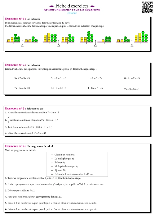 Formation --- Fiche d'entrainement --- Approfondissement sur les équations