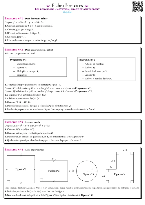 Formation --- Fiche d'entrainement --- Les fonctions : notation, image et antécédent