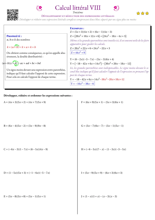 Fiche Exercice Gradué --- Développement et réduction des expressions littérales