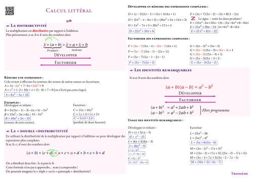 Fiche de synthèse --- Calcul littéral