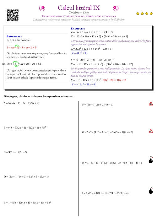 Fiche Exercice Gradué --- Développement et réduction des expressions littérales