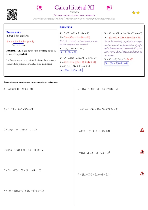 Fiche Exercice Gradué --- Factorisation à facteur commun