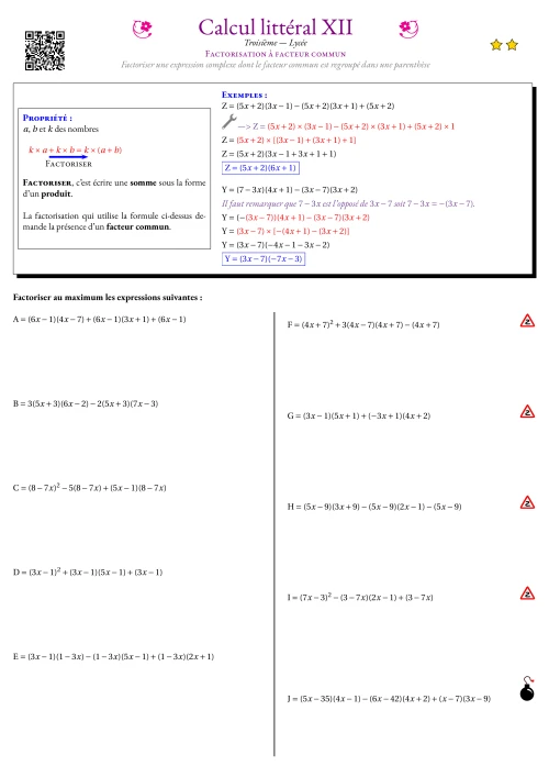 Fiche Exercice Gradué --- Factorisation à facteur commun