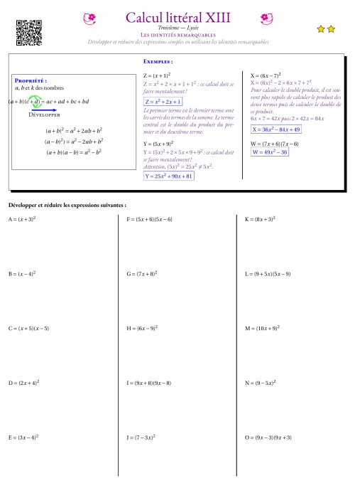 Fiche Exercice Gradué --- Les identités remarquables
