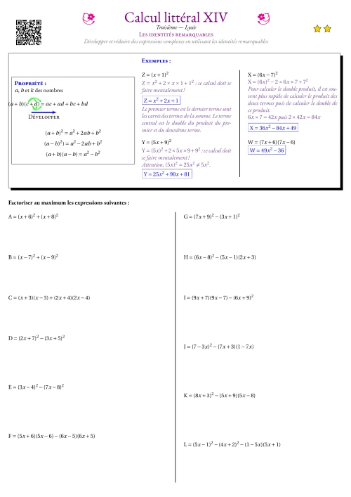 Fiche Exercice Gradué --- Les identités remarquables