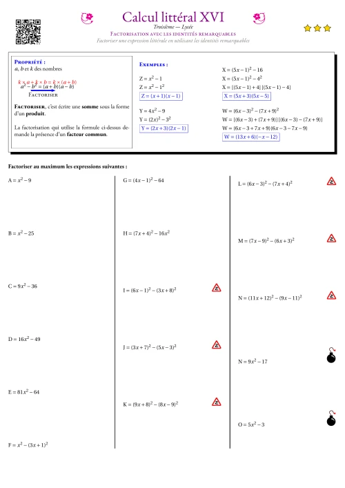 Fiche Exercice Gradué --- Factorisation avec les identités remarquables