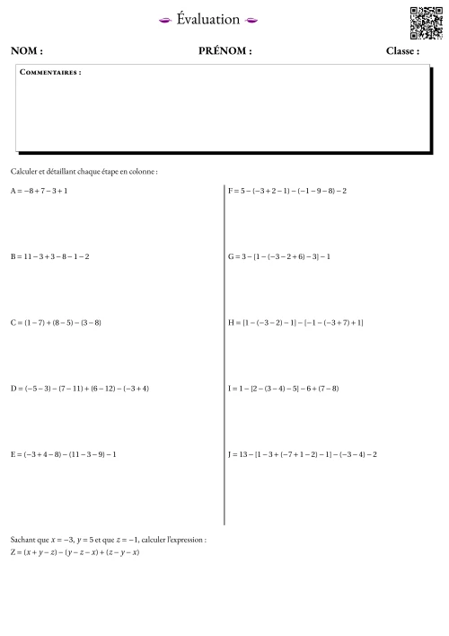 Formation --- Évaluation --- Relatifs, addition, soustraction et somme algébrique