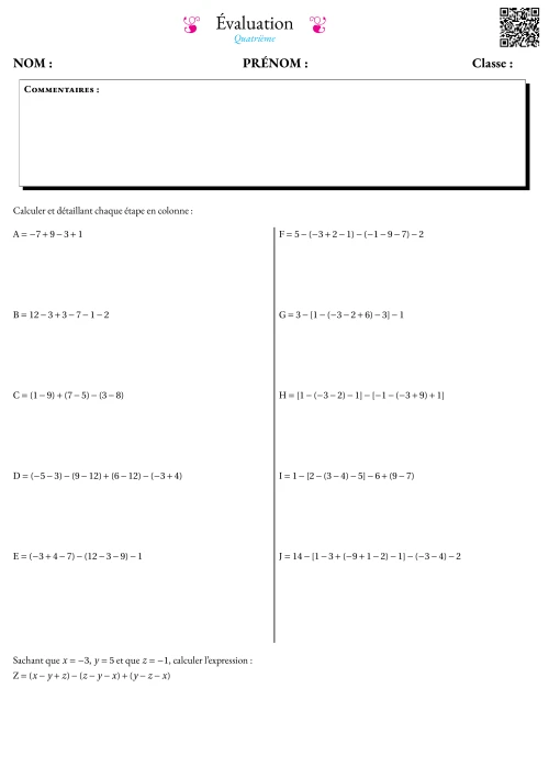 Formation --- Évaluation --- Somme algébrique