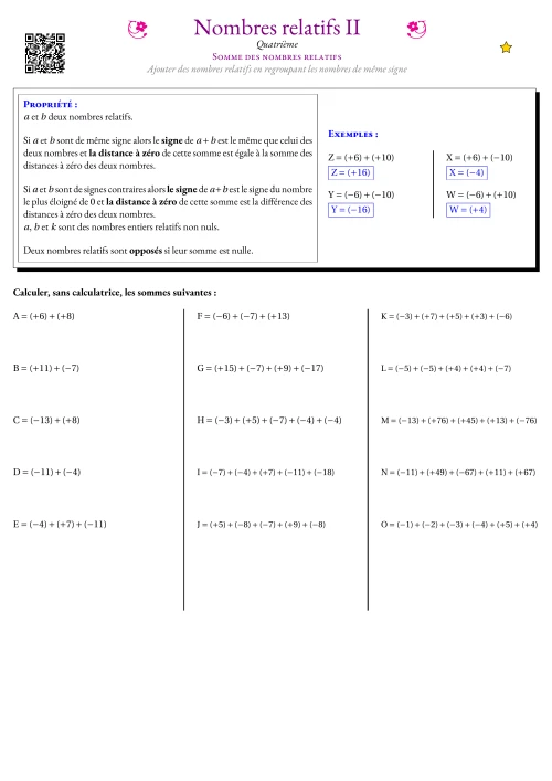 Fiche Exercice Gradué --- Somme des nombres relatifs