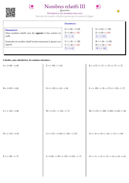 Fiche Exercice Gradué --- Différence des nombres relatifs