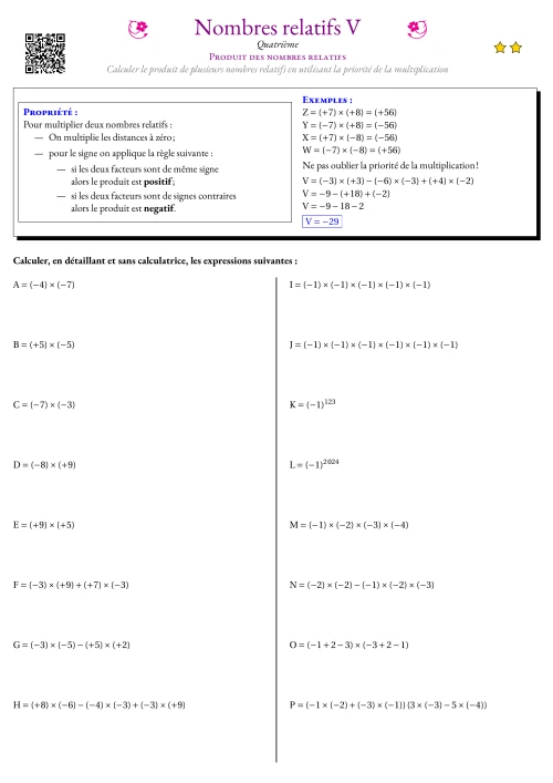 Fiche Exercice Gradué --- Produit des nombres relatifs