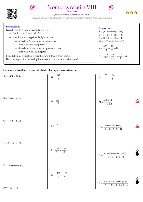 Fiche Exercice Gradué --- Quotient des nombres relatifs