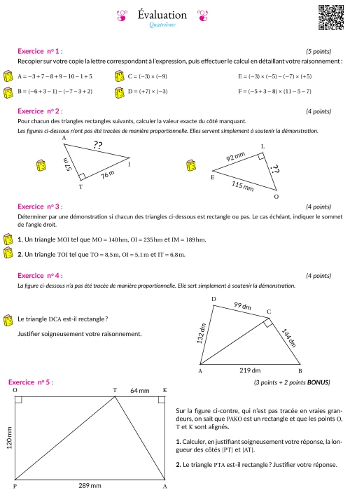 Formation --- Évaluation --- Relatifs, théorème de Pythagore, contraposée et réciproque