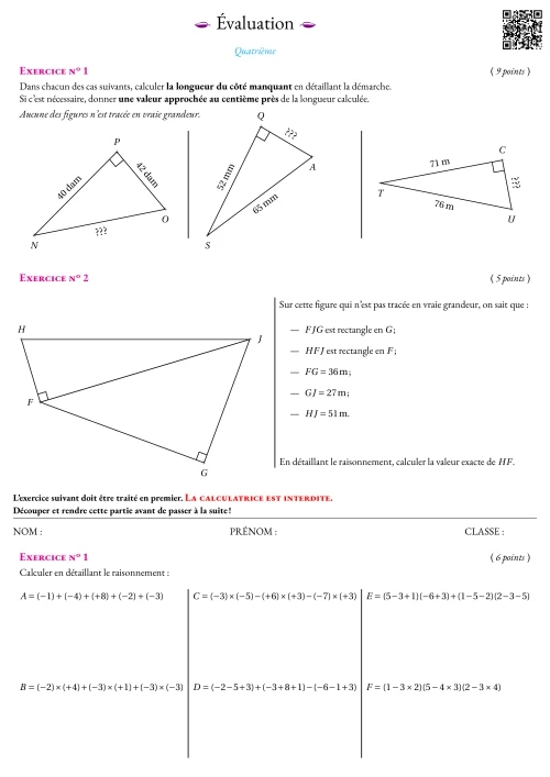 Formation --- Évaluation --- Théorème de Pythagore et nombres relatifs