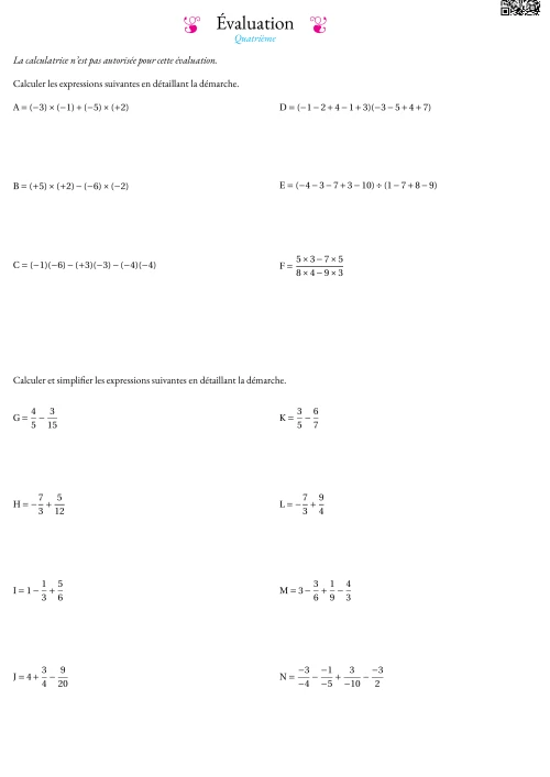 Formation --- Évaluation --- Nombres relatifs et fractions