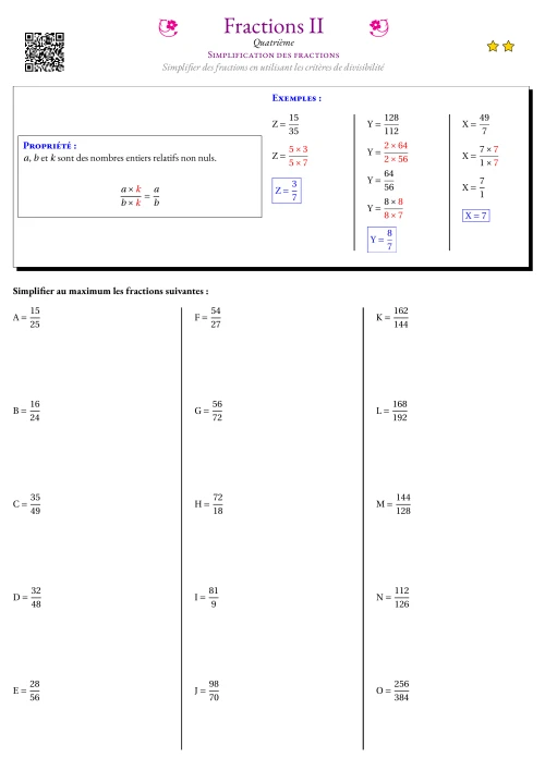 Fiche Exercice Gradué --- Simplification des fractions