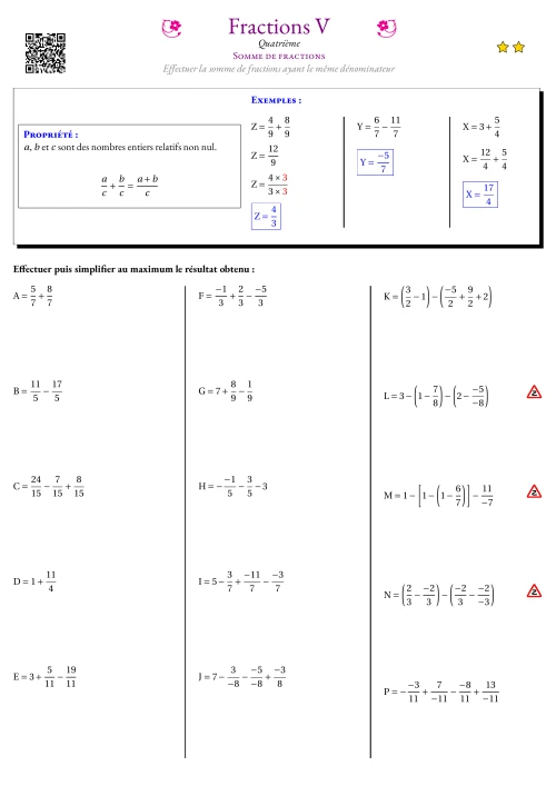 Fiche Exercice Gradué --- Somme de fractions