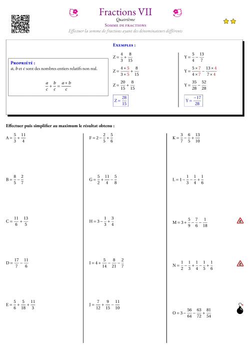Fiche Exercice Gradué --- Somme de fractions
