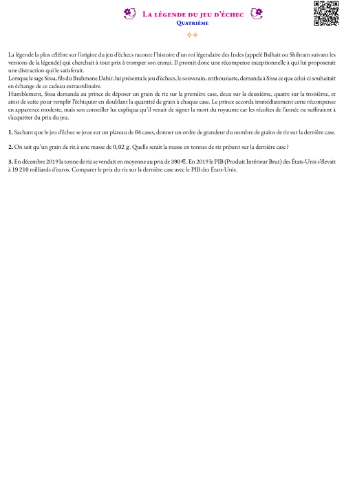 Activité --- Situation Initiale --- La légende du jeu d'échec