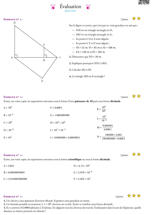 Formation --- Évaluation --- Puissances, Thalès et Pythagore --- Version 2