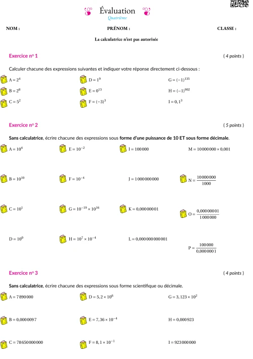 Formation --- Évaluation --- Puissance de 10 et écriture scientifique