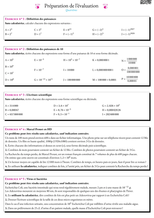Formation --- Fiche de préparation à l'évaluation --- Puissance de 10 et écriture scientifique