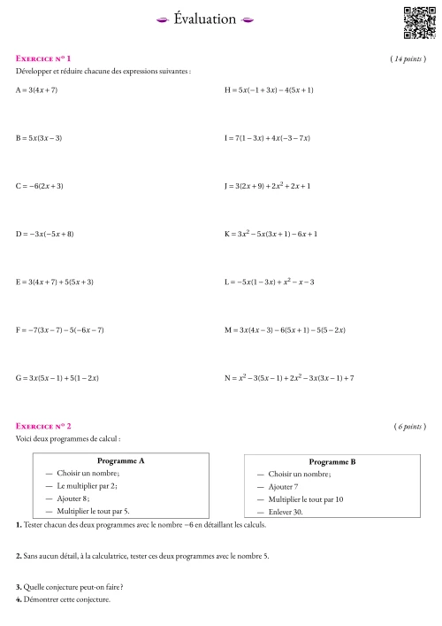 Formation --- Évaluation --- Calcul littéral