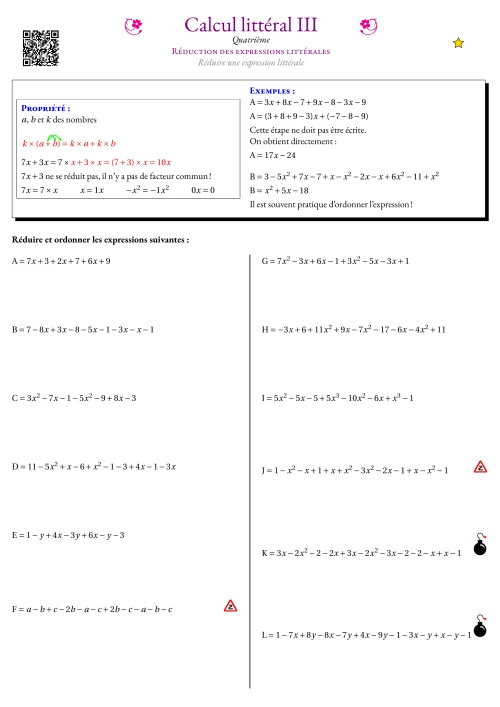 Fiche Exercice Gradué --- Réduction des expressions littérales