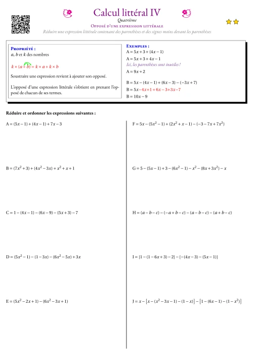Fiche Exercice Gradué --- Opposé d'une expression littérale