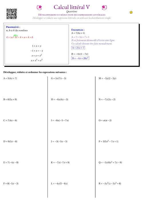 Fiche Exercice Gradué --- Développement et réduction des expressions littérales