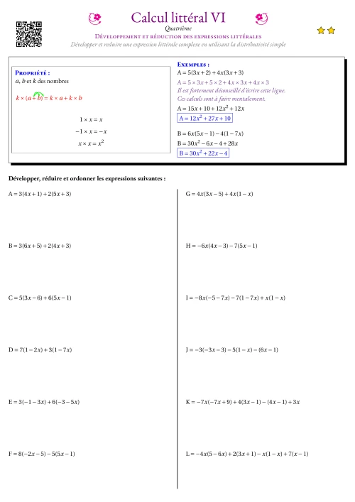 Fiche Exercice Gradué --- Développement et réduction des expressions littérales