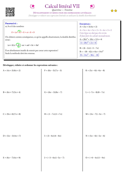 Fiche Exercice Gradué --- Développement et réduction des expressions littérales