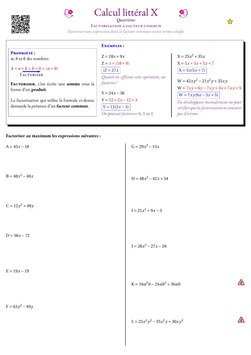 Fiche Exercice Gradué --- Factorisation à facteur commun