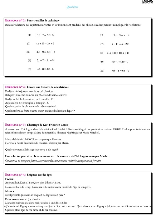 Formation --- Devoir maison --- Équations et problèmes