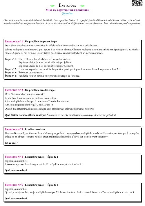 Formation --- Fiche d'entrainement --- Mise en équation de problèmes