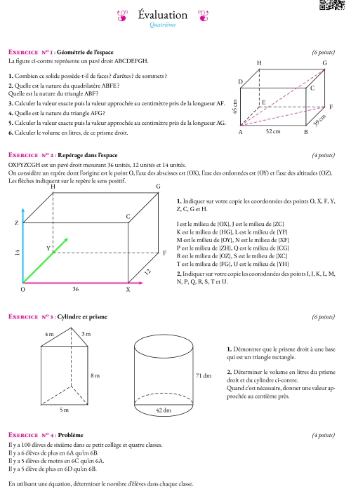 Formation --- Évaluation --- Prismes, cylindres, repérage et problèmes