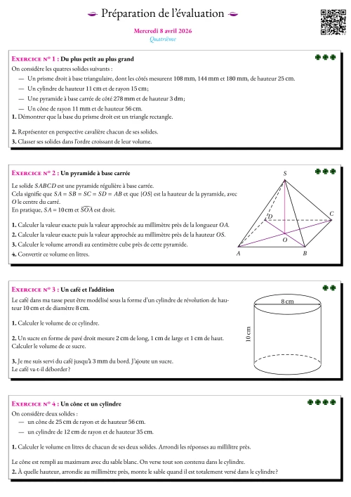 Formation --- Fiche de préparation à l'évaluation --- Prismes et cylindre