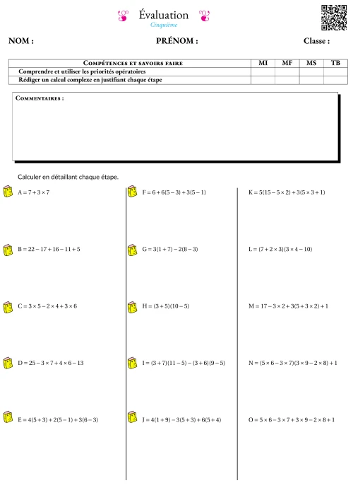Formation --- Évaluation --- Calcul numérique et priorités opératoires