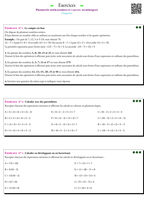 Formation --- Fiche d'entrainement --- Priorités opératoires et calcul numériques