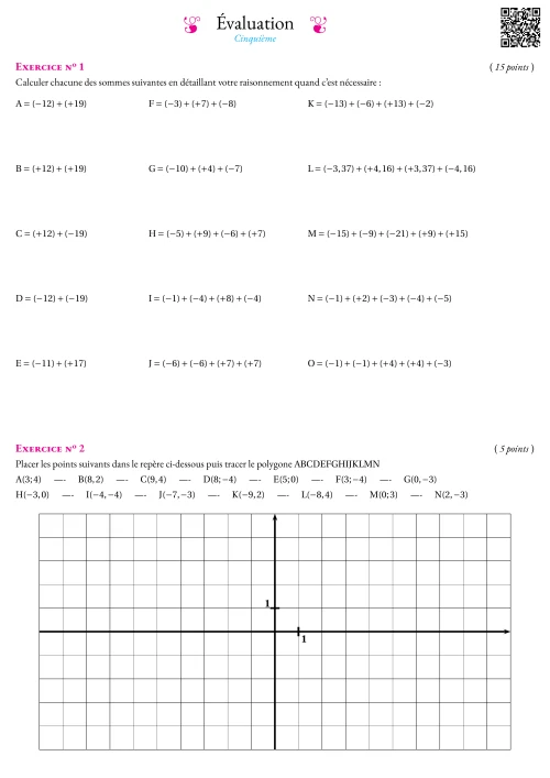 Formation --- Évaluation --- Les nombres relatifs, somme et repérage