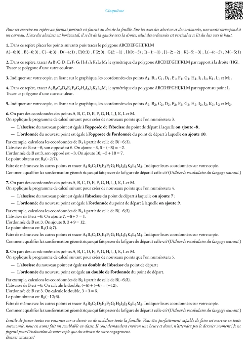 Formation --- Devoir maison --- Coordonnées, symétries, calculs algébriques et autres amusements...