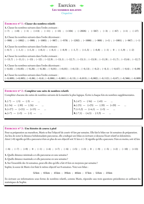 Formation --- Fiche d'entrainement --- Les nombres relatifs