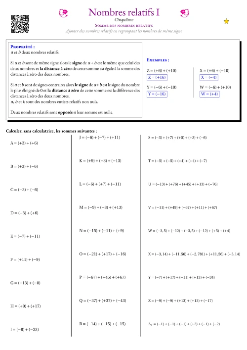 Fiche Exercice Gradué --- Somme des nombres relatifs